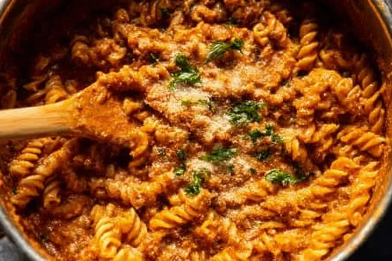 One Pot Creamy Tomato Beef Pasta