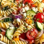 A colorful summer pasta salad with fresh vegetables and dressing.