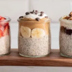 Bowl of quick and creamy high protein overnight oats topped with fruits and nuts