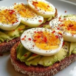 Avocado toast topped with soft-boiled eggs for a healthy breakfast