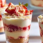 Delicious strawberry shortcake pudding cups topped with fresh strawberries and whipped cream.