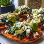 Stuffed sweet potatoes filled with spinach, avocado, mushroom, and feta cheese.