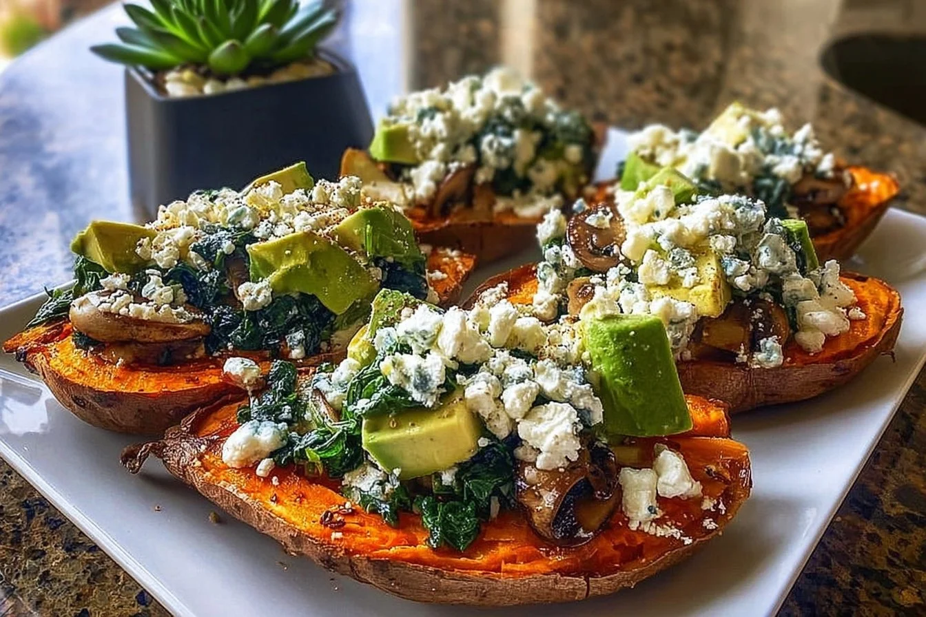 Stuffed Sweet Potatoes (Spinach, Avocado, Mushroom & Feta)