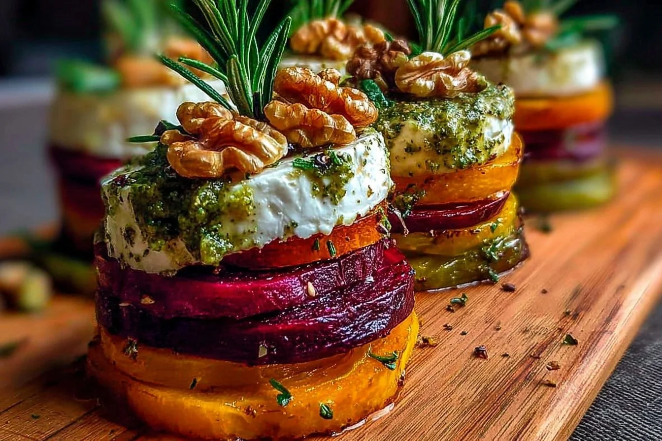 Sweet Potato & Beet Stacks with Pesto, Burrata & Walnuts