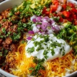 Colorful taco rice bowl topped with fresh ingredients and zesty flavors