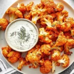 Plate of crispy Buffalo Cauliflower bites ready to be served as an appetizer