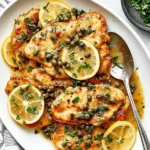 Plate of Chicken Piccata with lemon, capers, and fresh parsley.