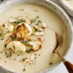 Bowl of creamy Roasted Cauliflower Soup garnished with herbs.