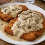 Schnitzel with creamy mushroom sauce served on a plate