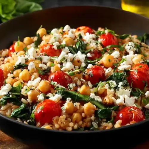Mediterranean Lemon Rice With Chickpeas Spinach Tomatoes And Feta